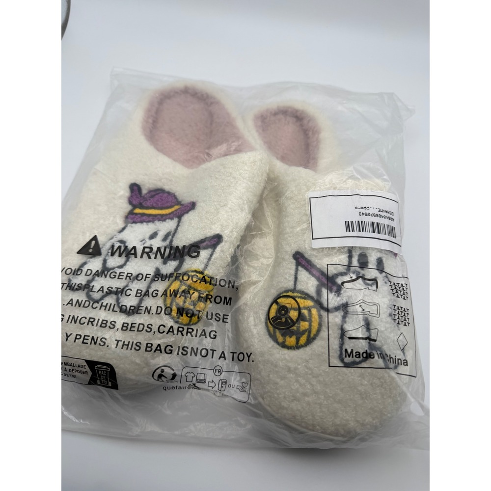 Halloween Ghost Slippers Cream Sherpa Faux Fur Lined Jack-O-Lantern Mules W 11